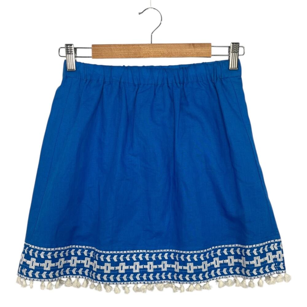 J Crew Skirt New Womens Extra Small Blue Linen Embroidered Southwest Tassel